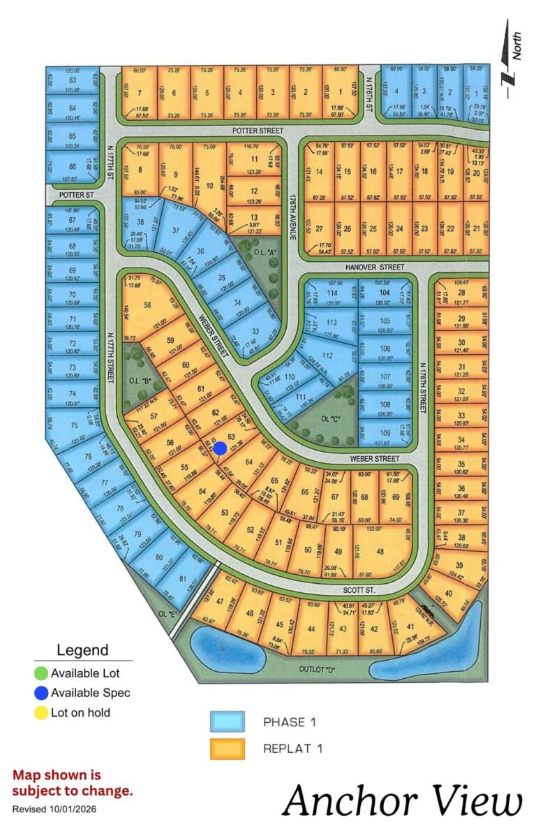 Anchor View neighborhood map showing residential lot parcels in yellow and orange with streets in blue and green spaces