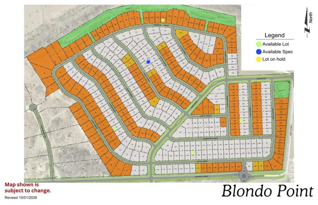 Blondo Point residential development map showing street layout and lot divisions in orange and white