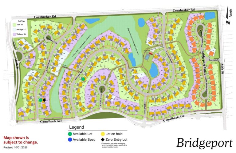 Bridgeport residential development map showing streets, lots, and community amenities with legend