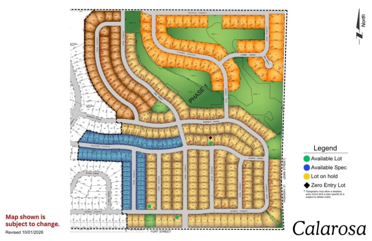 Calarosa residential community map showing street layouts, lots, and green spaces with legend