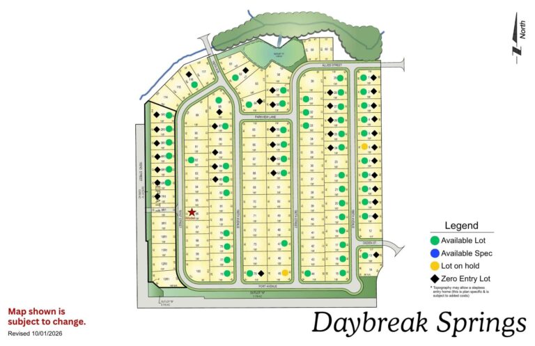 Daybreak Springs neighborhood map showing residential lots, streets, and amenities with legend in green and tan colors