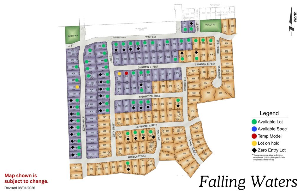 Falling Waters residential development map showing colored lot sections with legend and street layout