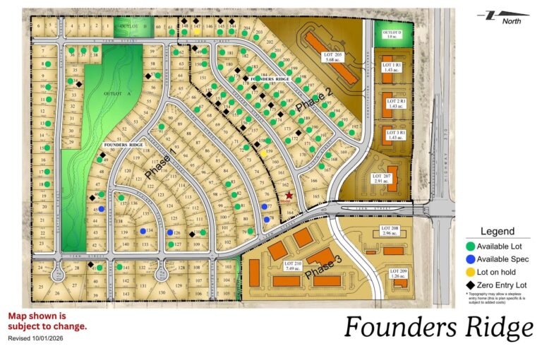 Founders Ridge neighborhood map showing residential lots, streets, green spaces, and legend with community features
