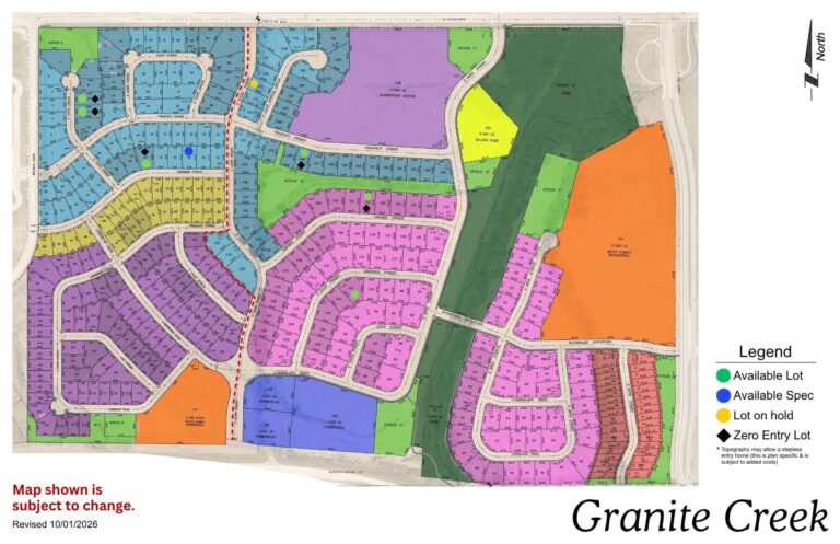 Granite Creek residential development map showing colored lots, streets, and green spaces with legend