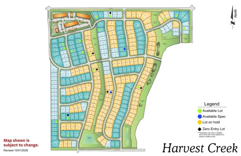 Harvest Creek residential development map showing street layout, lots, and green spaces with legend