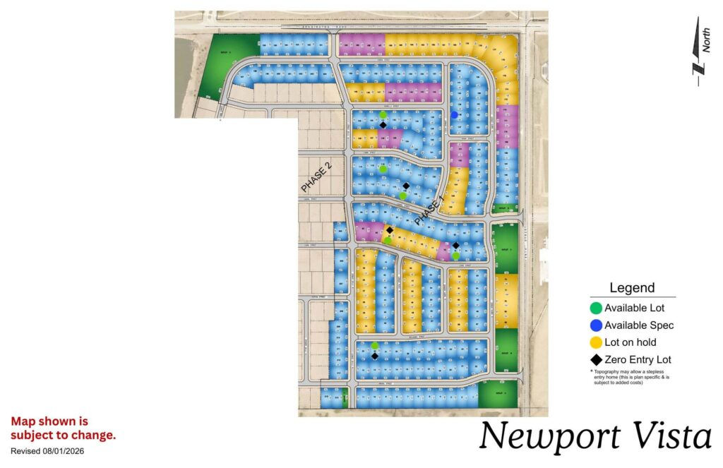 Newport Vista map showing residential streets, lots, and legend with color-coded categories