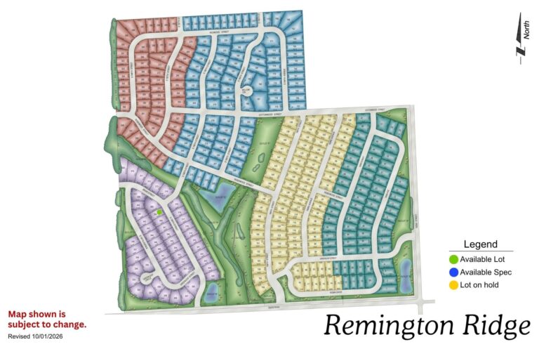 Remington Ridge neighborhood map showing colored lot sections and street layout with legend