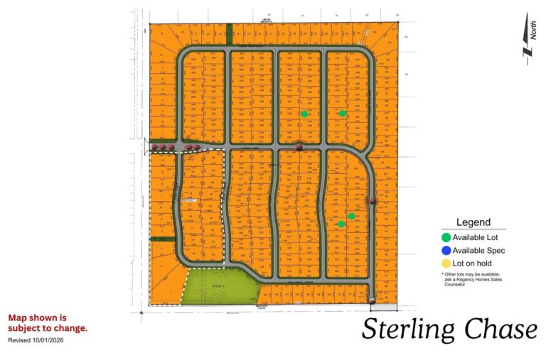 Sterling Chase residential subdivision map with curved streets, lots, and green space in orange and yellow tones