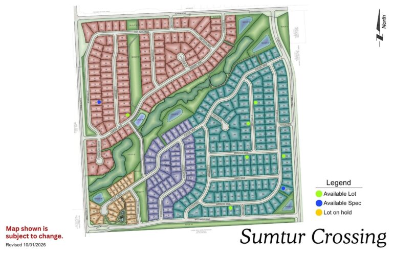 Sumtur Crossing neighborhood map showing residential streets, green spaces, and development layout
