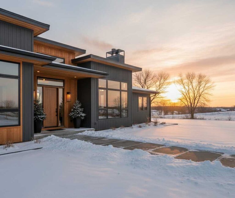 New home in Omaha with warm interior lighting during winter evening - Regency Homes community
