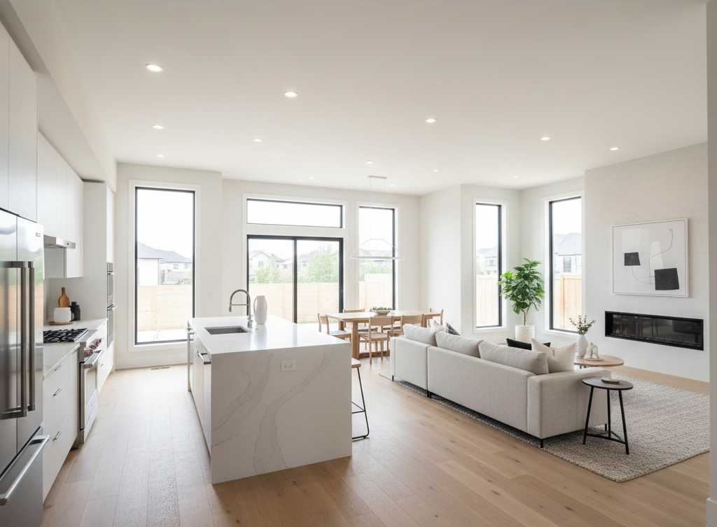 Open floor plan layout in new homes Omaha - kitchen and living area by Regency Homes