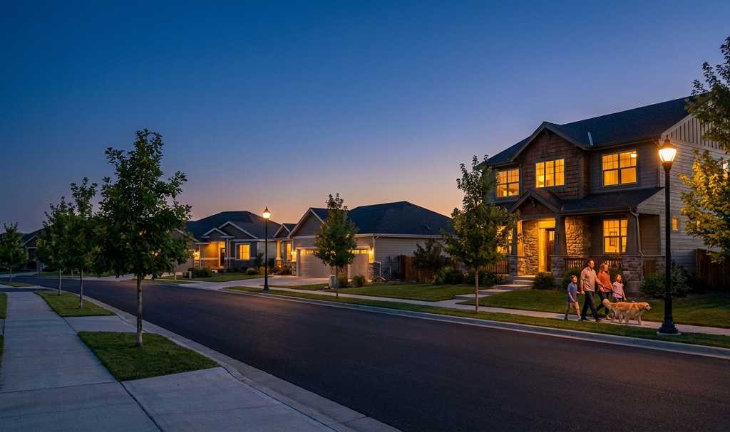 Peaceful evening street scene in Daybreak Springs Elkhorn showing family-friendly neighborhood