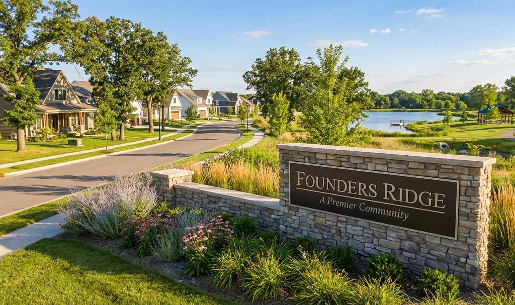 Founders Ridge Papillion entrance showing best neighborhoods Omaha for new construction with modern amenities