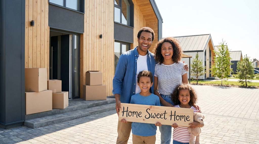 Happy family celebrating moving into their new construction home in Omaha