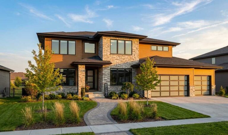 Beautiful new construction home in Omaha neighborhood during golden hour with modern design and landscaping