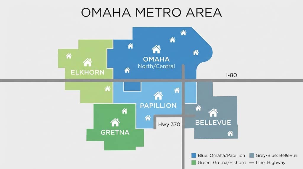 Map showing best neighborhoods in Omaha metro including Papillion Gretna Elkhorn and Bellevue