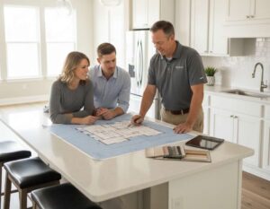 Home builders Omaha consultation - couple reviewing floor plans with Regency Homes consultant