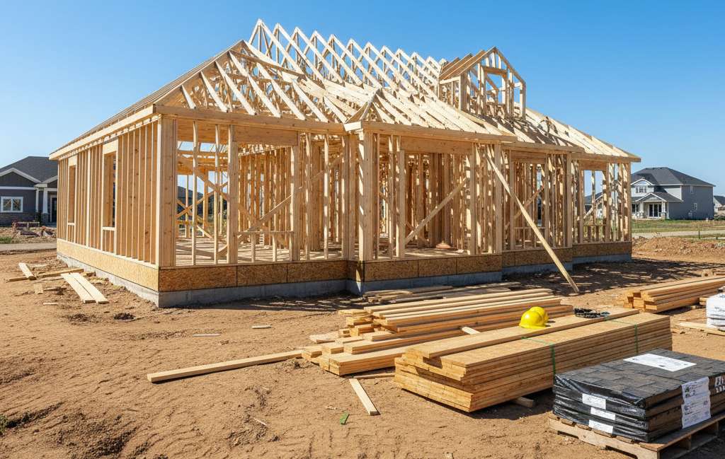 New home construction progress in Omaha area community - framing stage