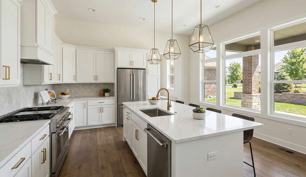 New construction vs existing home interior showing modern kitchen finishes