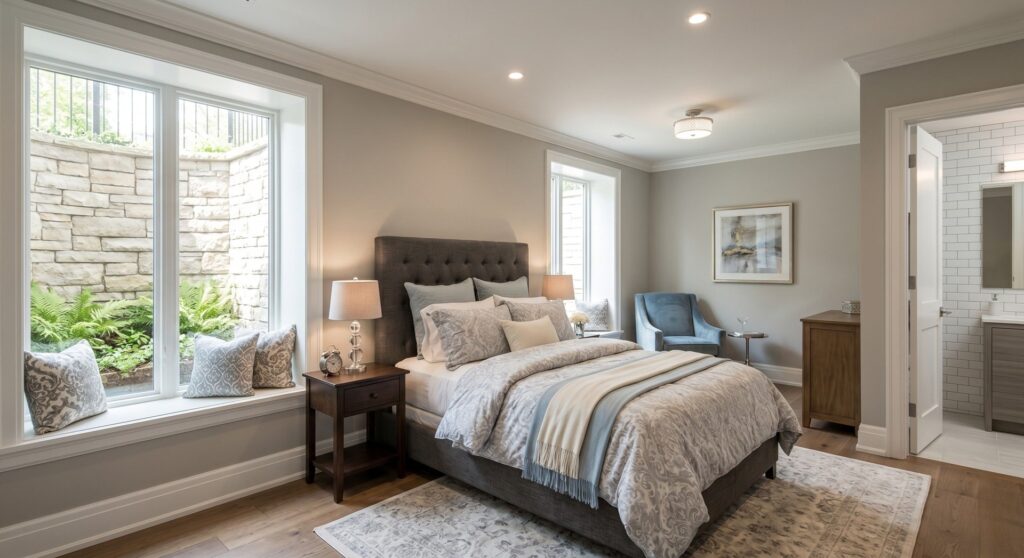 Luxury basement guest bedroom featuring an oversized egress window and an attached modern bathroom.