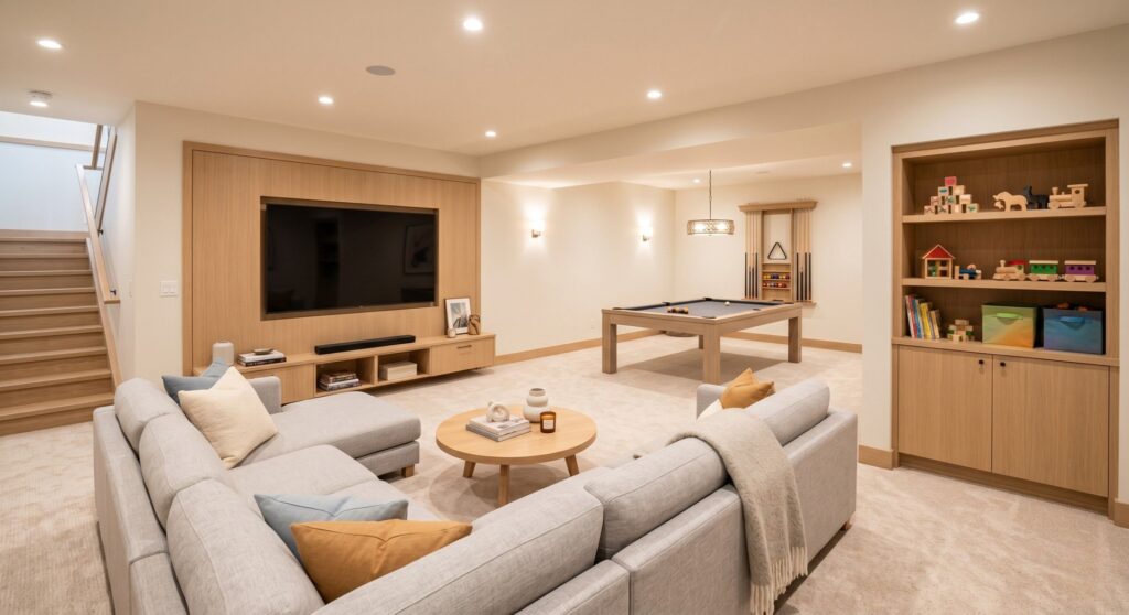 Modern open-concept family rec room in a finished basement featuring a large sectional sofa and a clean play area.