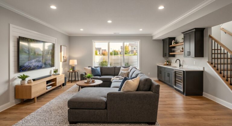 Finished basement ideas in Nebraska home with LVP flooring, recessed lighting, and wet bar area