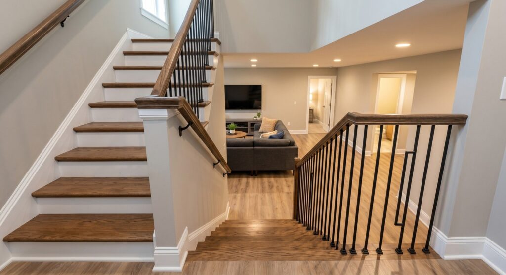 Modern staircase leading to finished basement in Nebraska new construction home
