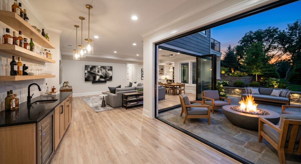 Modern open space with outdoor firepit