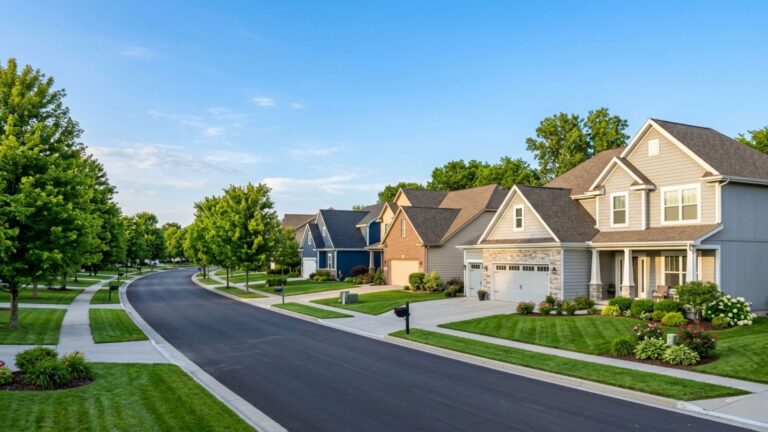 Tree-lined suburban street in Omaha Nebraska with new construction homes representing the cost of living in Omaha Nebraska for families