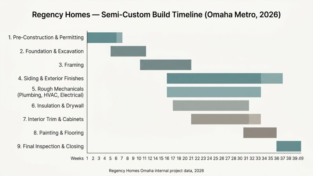 Home building timeline phases chart for Omaha Nebraska semi-custom homes
