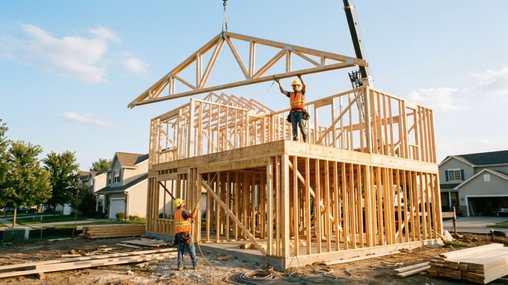Wood framing in progress on new construction home in Omaha Nebraska
