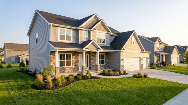 New construction home exterior curb appeal in Omaha Nebraska suburban neighborhood