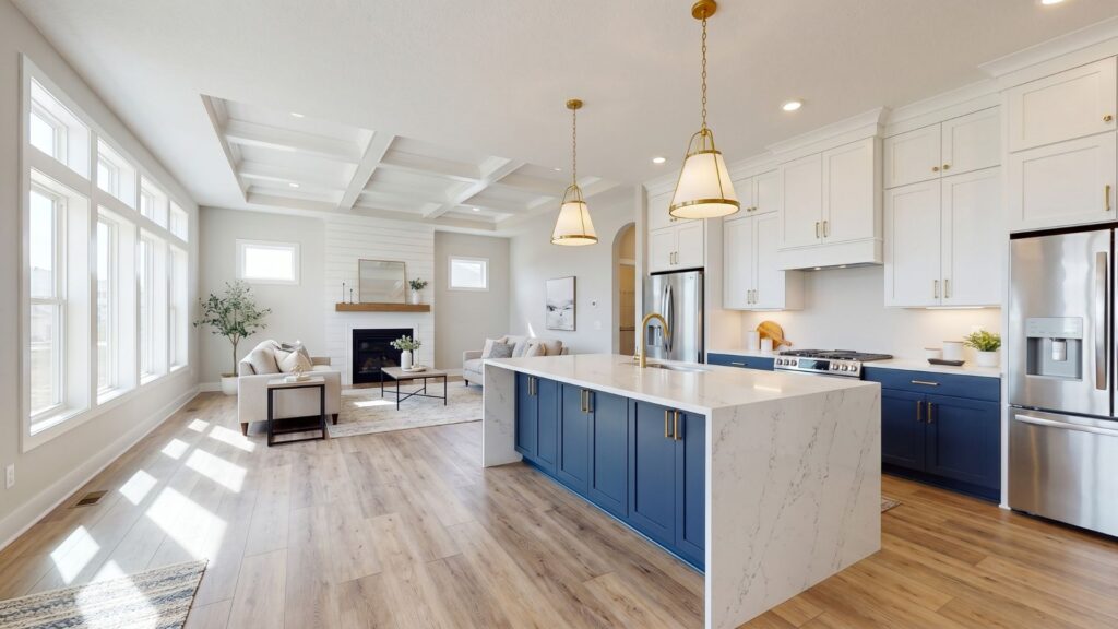 Open concept kitchen and living room in new construction home Omaha Nebraska