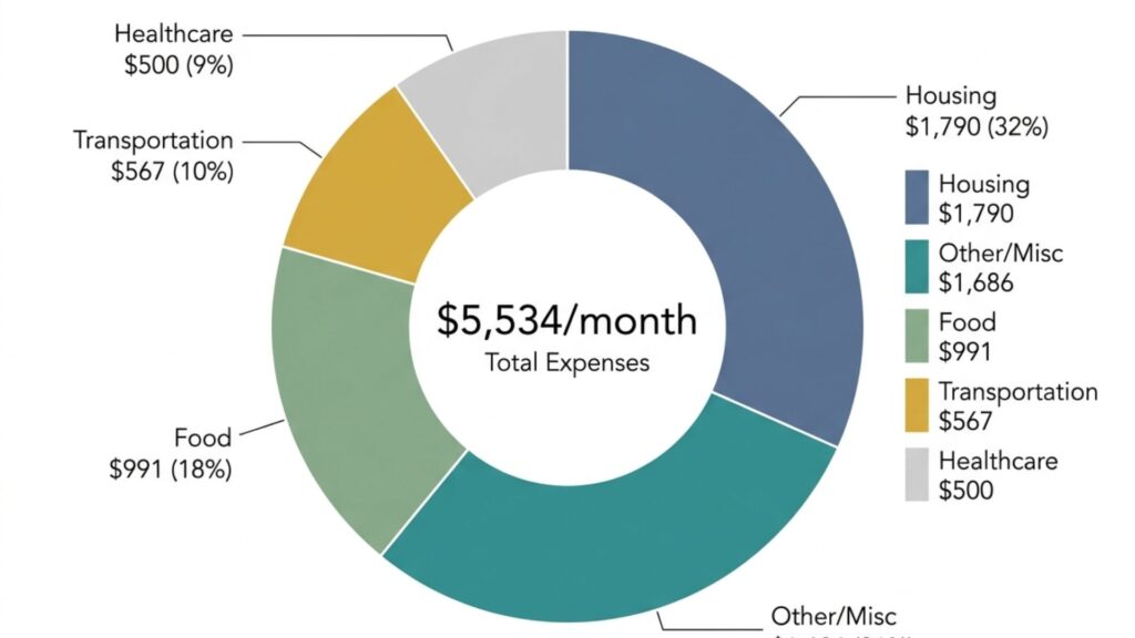 Infographic showing monthly budget breakdown for a family of four living in Omaha Nebraska including housing food transportation utilities and healthcare costs