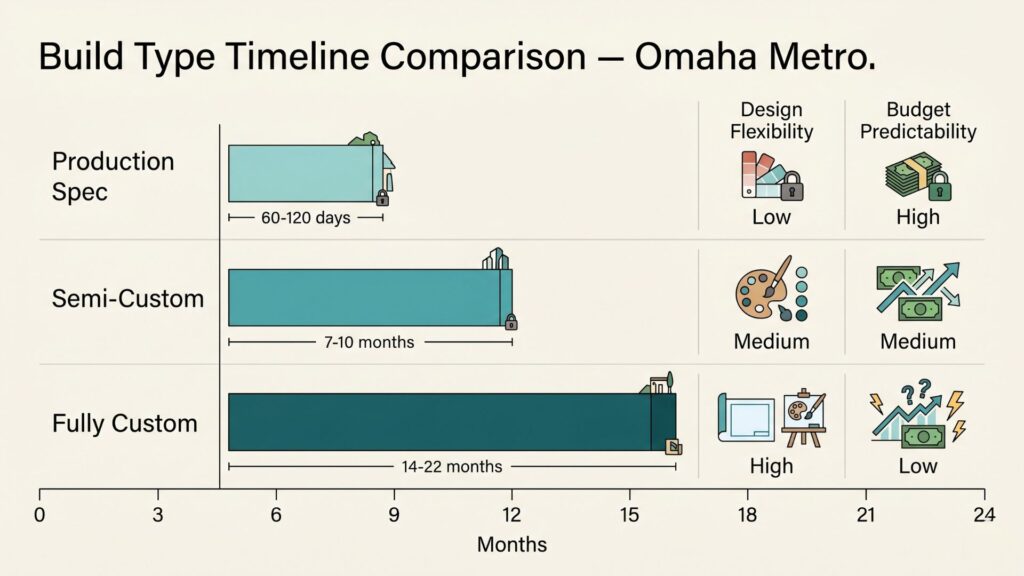 Comparison chart of semi-custom vs custom vs spec home timelines in Omaha