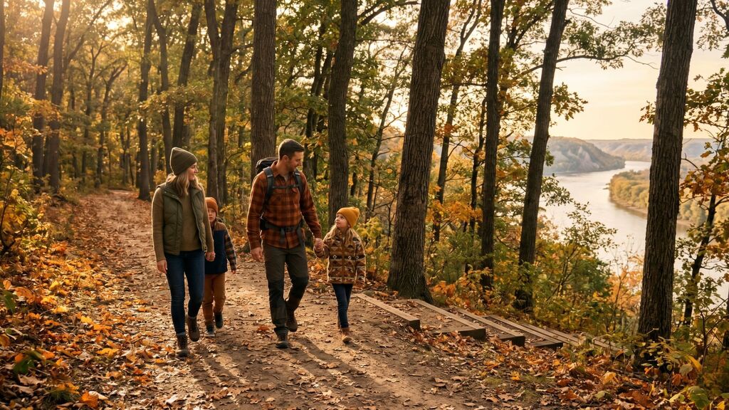 Family hiking in autumn forest.