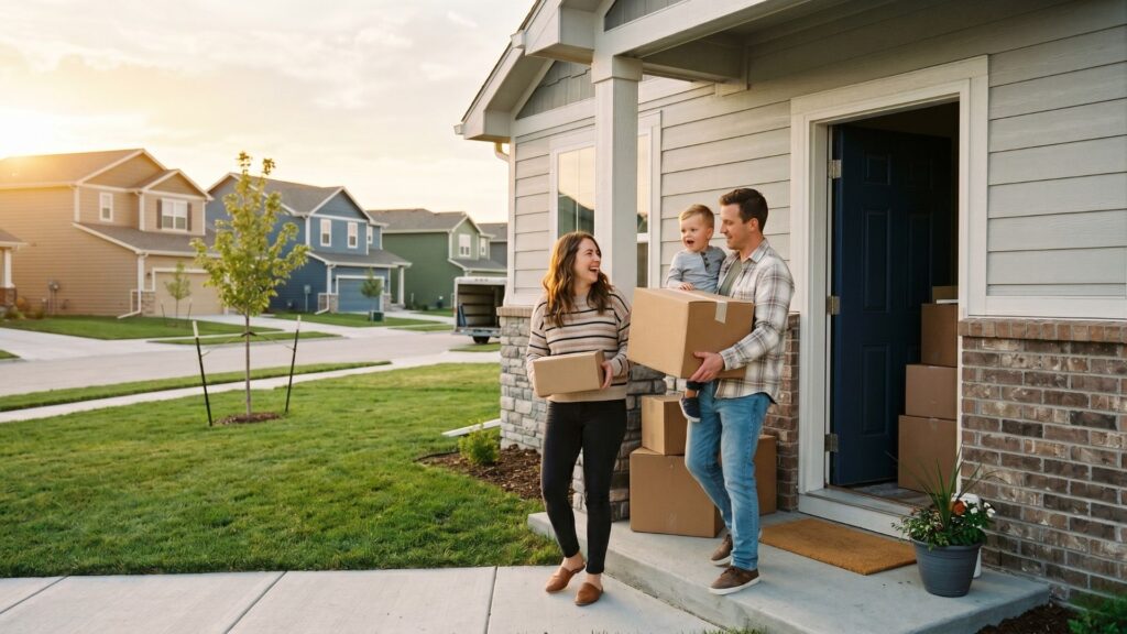 Young family carrying boxes into new construction vs existing home in Omaha Nebraska suburb