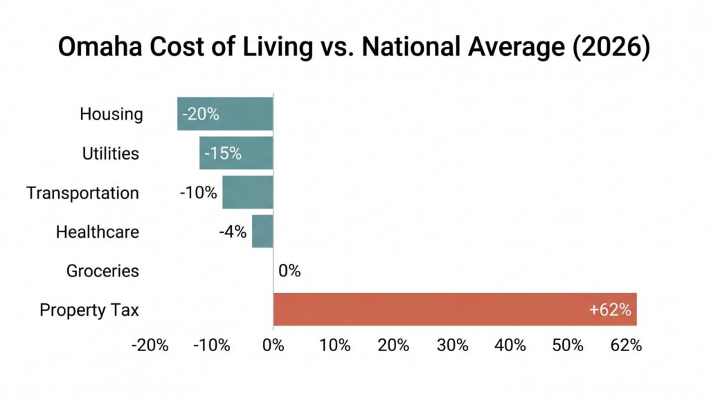 Bar chart comparing Omaha NE cost of living categories to national average 2026