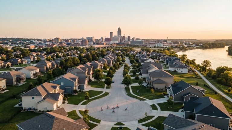 Aerial view of Omaha Nebraska suburban neighborhood with downtown skyline at golden hour