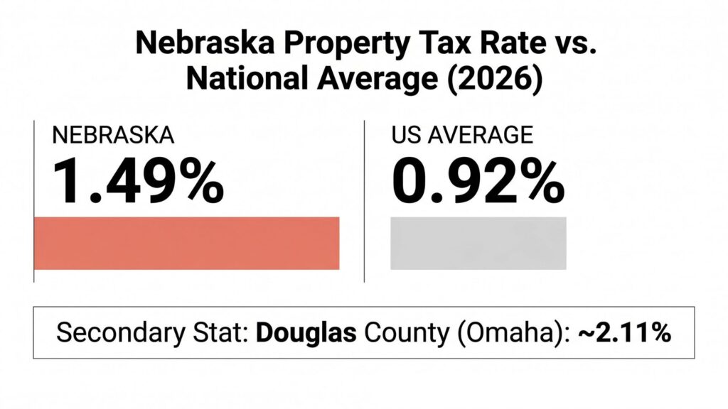 Infographic showing Nebraska property tax rate 1.49% vs national average 0.92% 2026