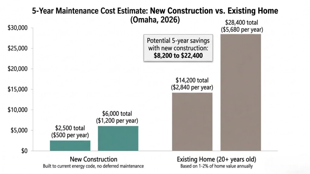 Bar chart comparing 5-year maintenance costs new construction vs existing home Omaha Nebraska 2026