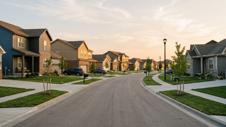 New construction homes in Papillion Nebraska community street with landscaping and clear skies