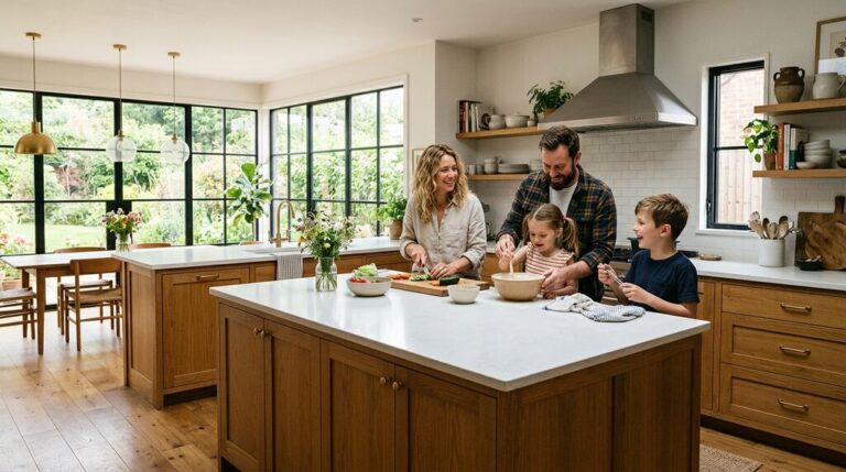 Family in open-plan kitchen of semi-custom home in Omaha Nebraska