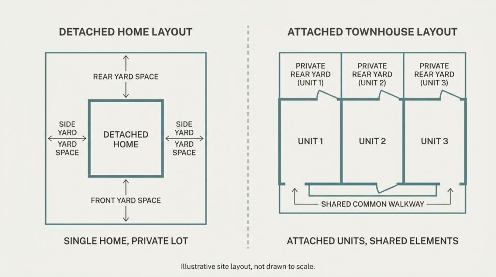 Diagram comparing a single-family lot layout to townhouse rows