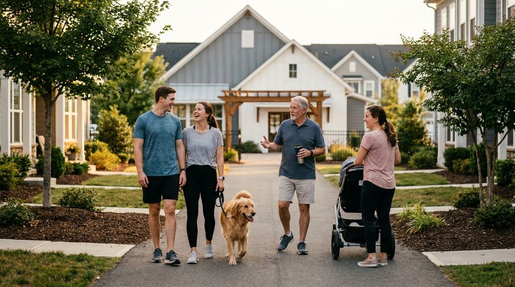 Neighbors gathering near shared amenities in townhouse community