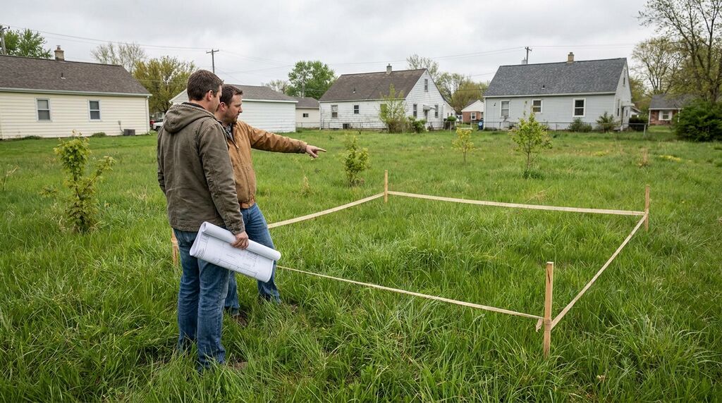 Couple walking a vacant home lot reviewing custom plans in Omaha