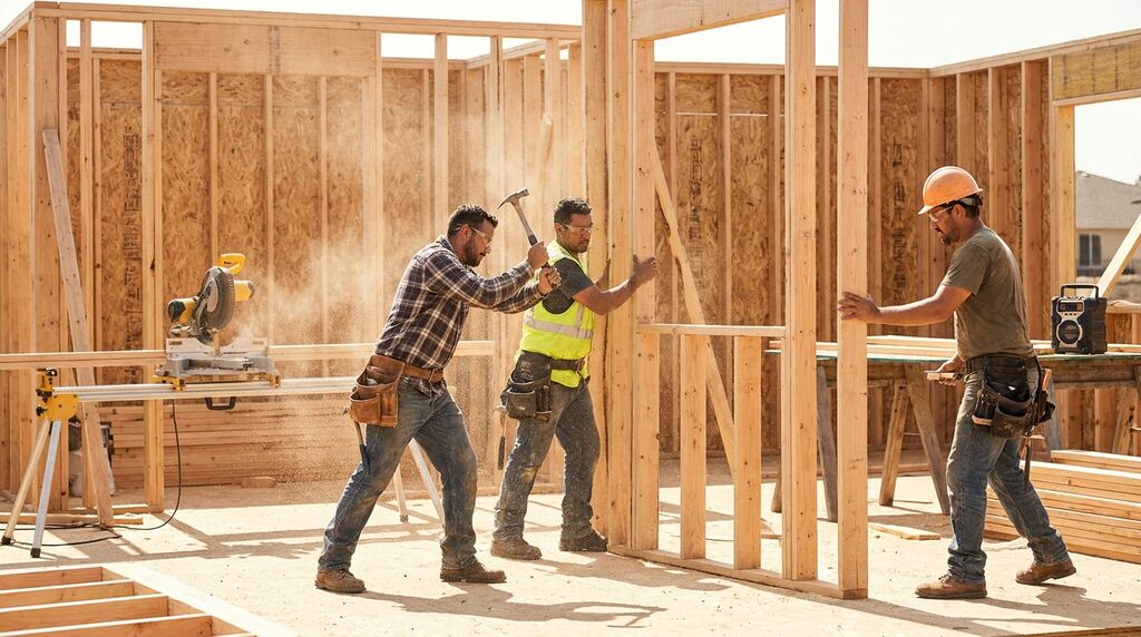 Framing crew working consistently on new home construction site