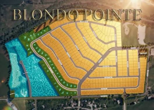 Blondo Pointe aerial site plan showing residential lots, amenities, and landscaping along waterfront
