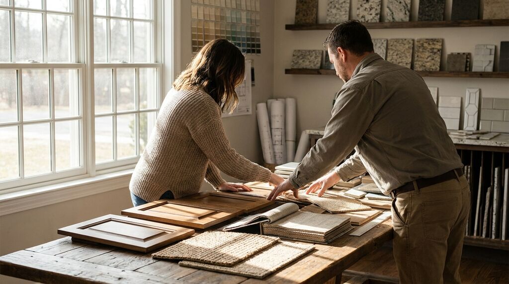 Homebuyers choosing cabinet and flooring samples at design center