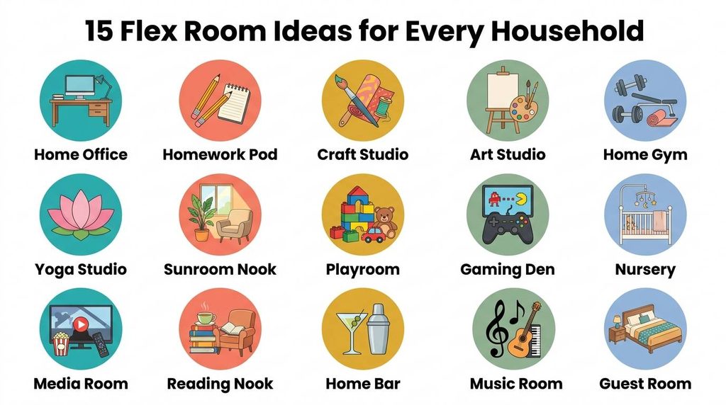 Colorful infographic summarizing 15 flex room ideas for any home